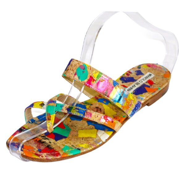 Manolo Blahnik Susa Spatter Paint Cork Flat Sandal, Size 6.5 - Picture 7 of 10